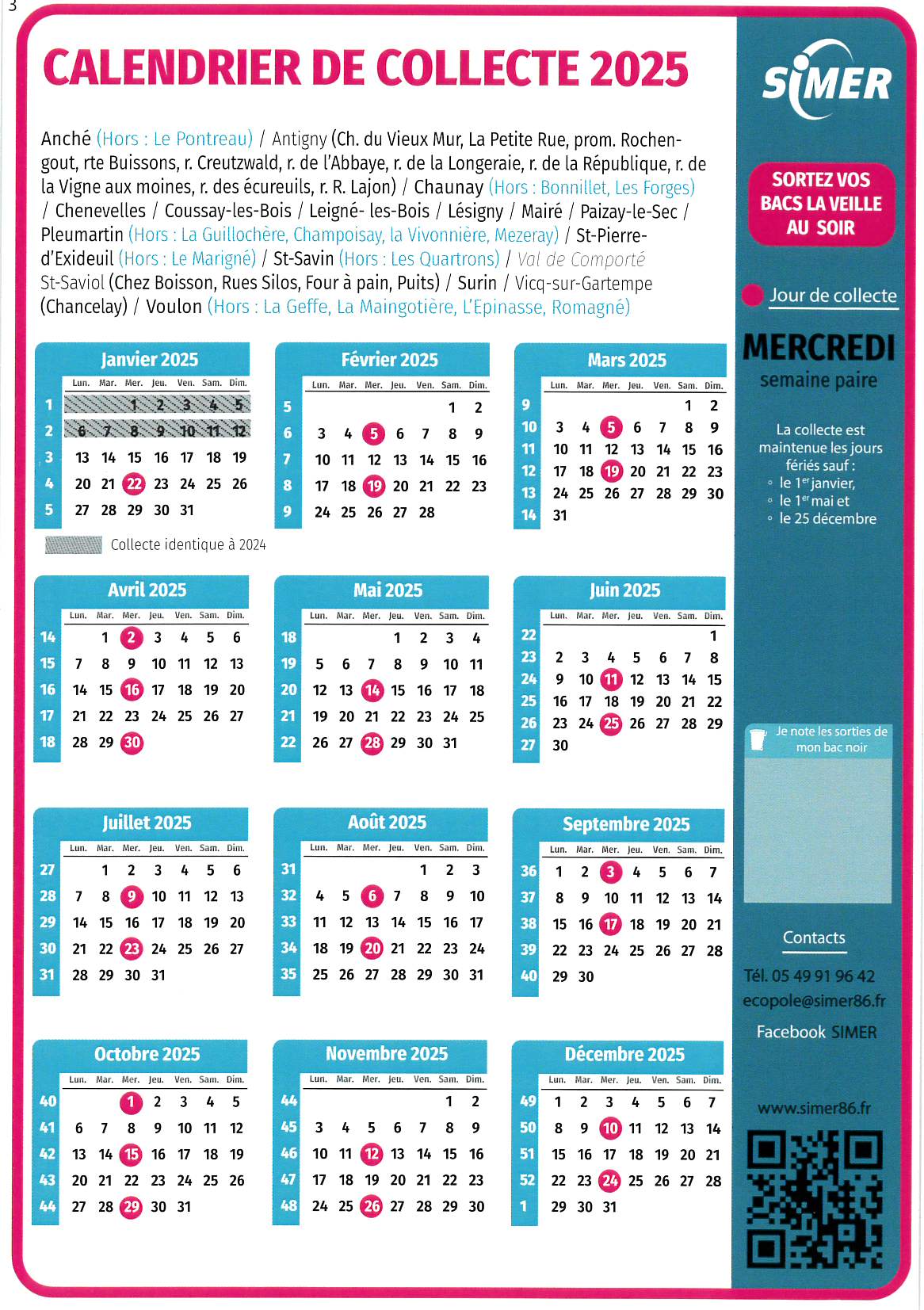 CALENDRIER SIMER COLLECTES 2025